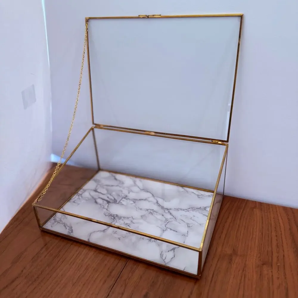 Glass Gold Display Box Lidded Faux Marble Chain Latch Trinket Jewelry 12 x 8